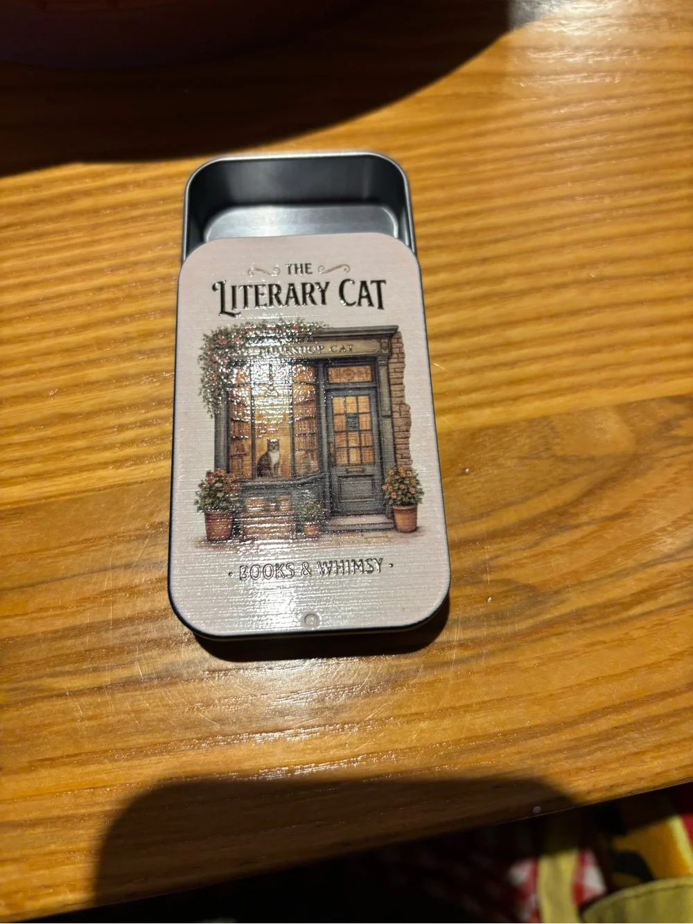 Decorative Tin and Match Holder with striker- Cream & Blue Bookshop Library Cat